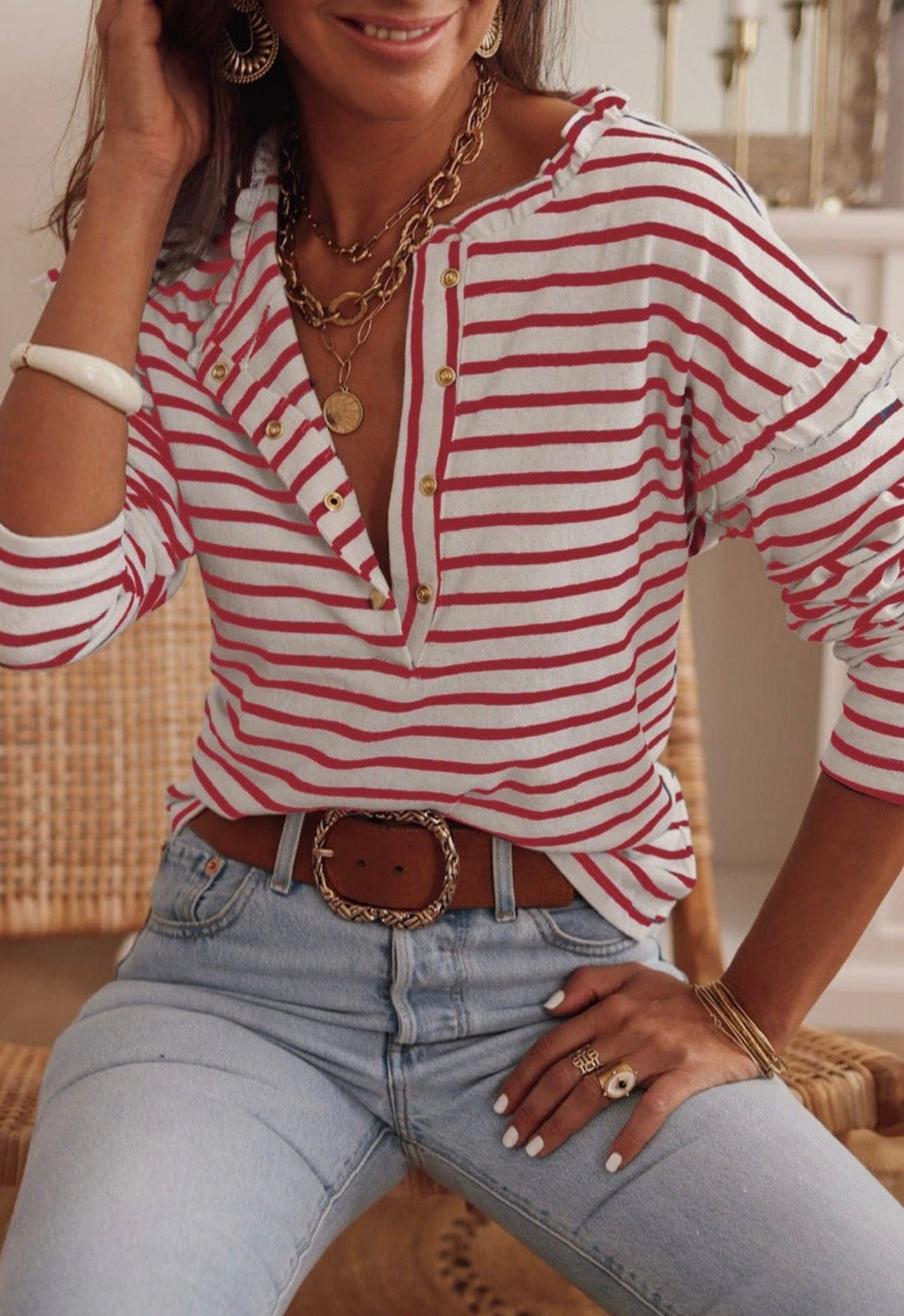 Tiffany Striped Button Neck Top