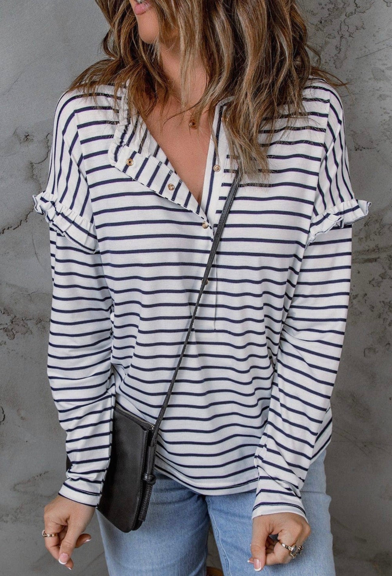 Tiffany Striped Button Neck Top