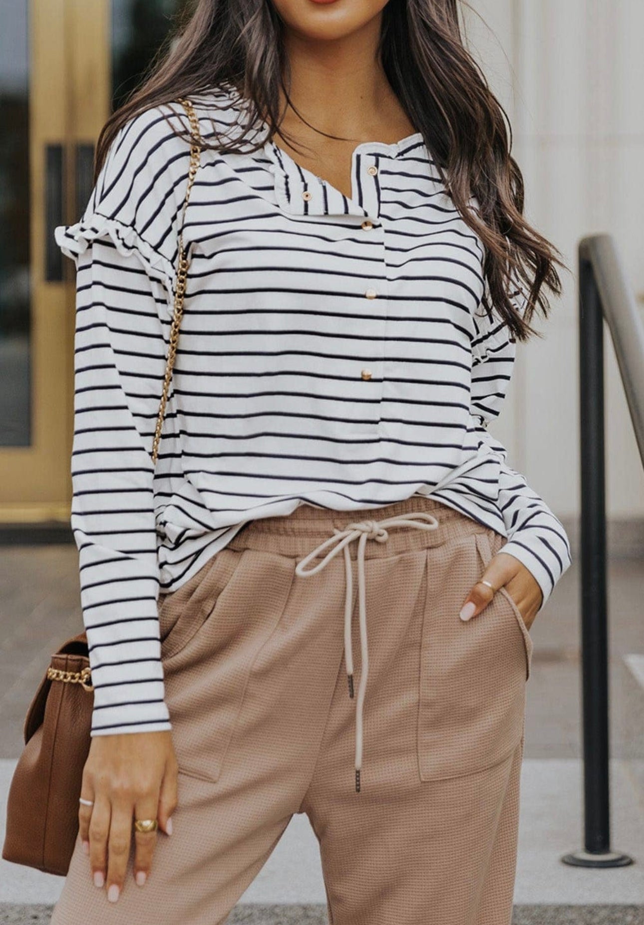 Tiffany Striped Button Neck Top