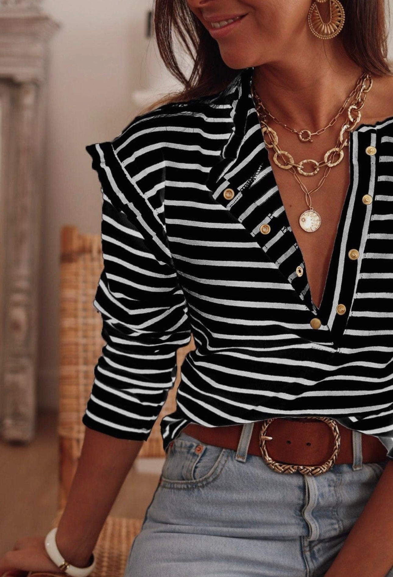 Tiffany Striped Button Neck Top